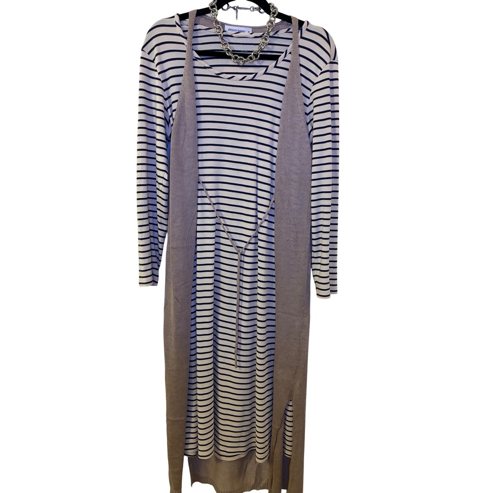 90s Minimalist Bundle Lands End Striped Dress Breathsunny Knit Maxi Cardigan Set